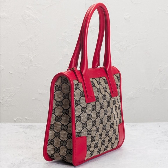 Gucci GG Canvas Tote Bag – Red Leather Trim | Vintage Designer Shoulder Bag - Picture 7 of 10